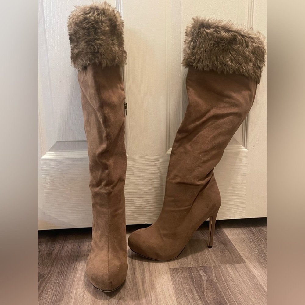 IZABELLA RUE TAN FAUX SUEDE KNEE HIGH HEEL BOOTS